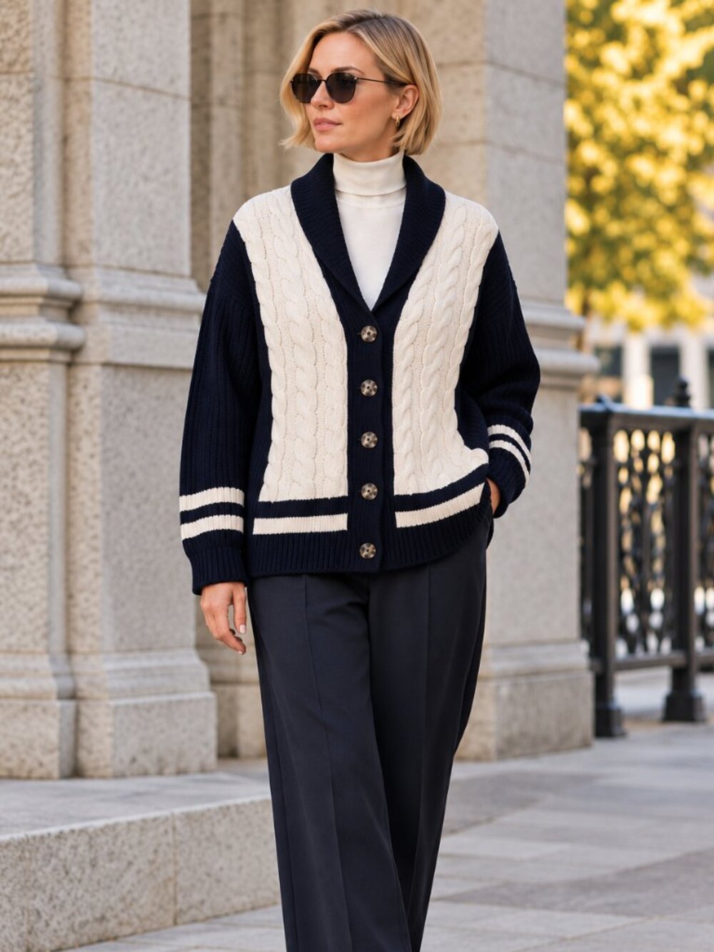 La Ligne Varsity Cardigan Merino Wool Cable Knit Shawl Collar Navy Cream